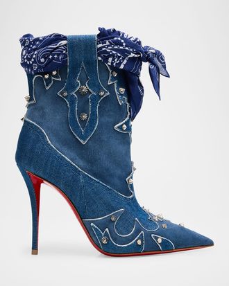 Christian Louboutin 100mm Bootyiag Denim and Suede Bandana Western Booties