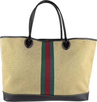 Gucci Beige Brown Canvas Leather Tote Bag (Pre-Owned)