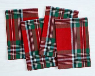 Solino Home Linen Dinner Napkins Set of 4, 20 x 20 Inch for Dining Table, Holiday and Everyday Table Decor - Madras Holiday Plaid in Red at