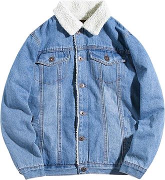 Generic Mens Fleece Lined Denim Jacket With Collar Warm Fluffy Trucker Jeans Jacket With Pockets Button Down Windbreaker Cargo Coats Casual Jean Coat For Men 