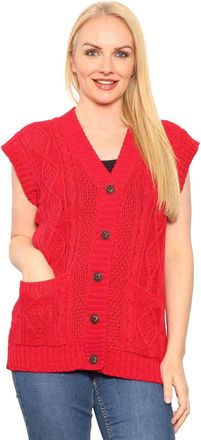 Janisramone Button up Sleeveless Cardigans for Women, V Neck Cable Knitted Vest with Front Pockets, Comfortable Warm 5 Button Ladies Cardigan Red