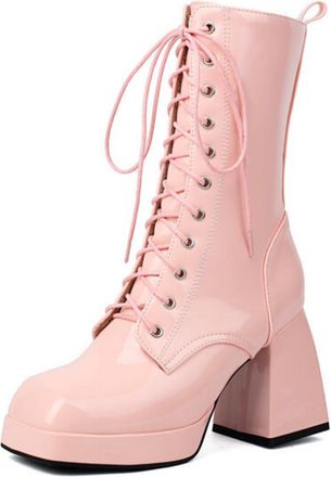Generic Womens Square Toe Patent Leather Short Boot Lace Up Platform Punk Boots Block High Heel Ankle Boots,Pink,2.5 UK