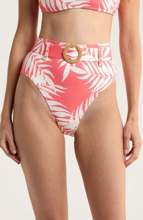 Hutch Conny O-Ring High Waist Bikini Bottoms in Coral Paradise Foliage at Nordstrom, Size Large