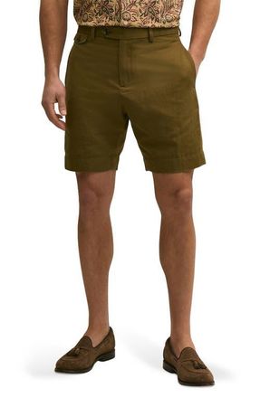 Brooks Brothers Flat Front Linen & Cotton Shorts in Dark Olive at Nordstrom, Size 33
