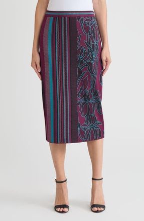 Ming Wang Multi-Pattern Jacquard Soft Knit Straight Midi Skirt in Midnight Violet/nebula at Nordstrom, Size Xx-Small