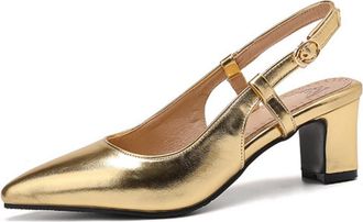 Generic Womens Pointed Toe Slingback Bridal Sandals Mid Block Heel Wedding Dress Shoes PU Leather Evening Party Prom Shoes with Buckle,Gold,7.5 UK