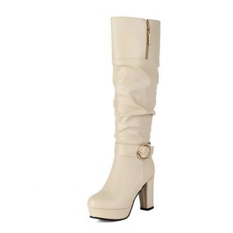 Generic Womens PU Leather Slouch Long Boots with Side Zipper Round Toe Knee High Boots Chunky High Heel Platform Boot with Buckle,Beige,9.5 UK