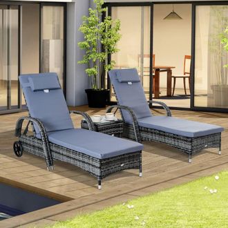OUTSUNNY 3 PCS Rattan Lounger Recliner Bed Garden Furniture Set Side Table in Grey