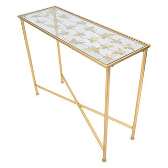 Dmora Consola Meknes, Un Estante, Tabla Decorada Con Mariposas, Estructura De Vidrio, 100x35x80h Cm Oro
