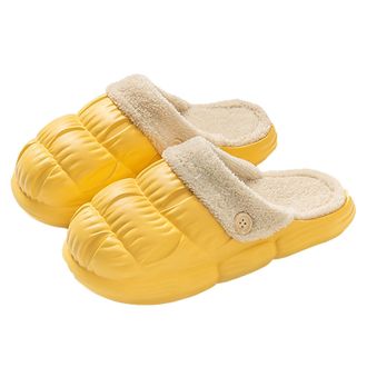 Generic Metallic Slides Women Cotton Slippers Womens Spring and Autumn with Winter Indoor Non Warm Couple Winter Furry Plush (Yellow, 3.5)