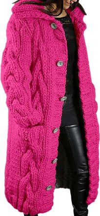 Generic Long Cardigans for Women UK Open Front Cable Knit Cardigan Hoodie Button Down Oversized Sweaters Coat Outwear Knee Length Solid Color Chunky Sweaters 