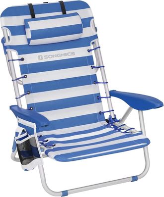 Songmics Silla de camping con apoyabrazos y correa de color azul y blanco