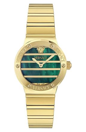 Versace Greca Logo Mother-of-Pearl Bracelet Watch, 33mm in Green/Yellow Gold at Nordstrom