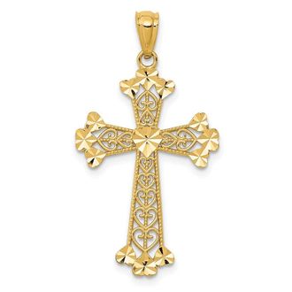 Diamond2Deal 14k Yellow Gold Diamond-cut Polished Filigree Hearts Cross Pendant