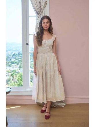Moon River Clip Dot Ruffle Detail Smocked Midi Dress In Taupe/natural