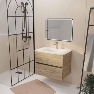 Aurlane Aurlane - Mueble De Ba&ntilde;o 70 Decorado Roble 2 Cajones Lavabo Blanco Y Espejo Led 70x50