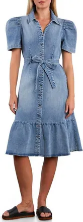 Wash Lab Denim Muse Belted Puff Sleeve Denim Midi Shirtdress at Nordstrom, Size X-Large