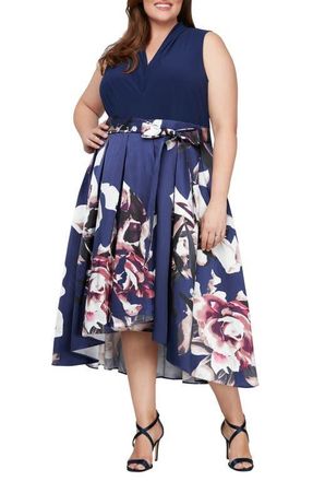 S.L. Fashions Floral Tie Belt High-Low Cocktail Dress in Navy Multi at Nordstrom, Size 14W