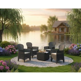 Dmora Dmora - Conjunto De Sal&oacute;n Para Exterior Anagni, Para Interior O Exterior, 4 Sillones Con Reposabrazos Y Mesa Auxiliar, Fabricado En Italia, Color Antr