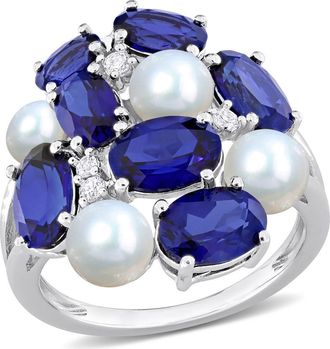 Delmar Lab Grown Blue & White Sapphire & Cultured Freshwater Pearl Ring at Nordstrom Rack, Size 5