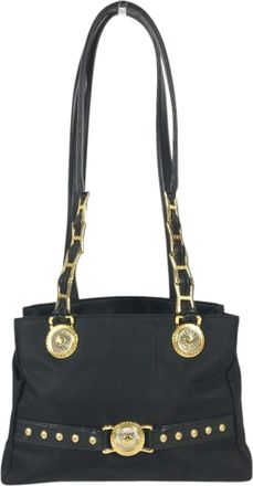 Versace Black Nylon Leather Shoulder Bag Tote Bag (Pre-Owned)