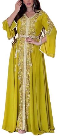 Generic Embroidered Applique Dress Abaya for Women Eid Al-Adha Arabia Dubai Abayas Muslim Dinner Party Dress Loose Kaftan Women Yellow