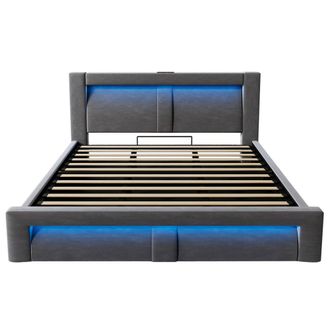 Urban Meuble Cama doble con almacenaje, LED, USB, terciopelo gris