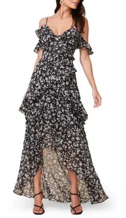Astr Hi-Low Tiered Ruffle Maxi Dress In Black Multi