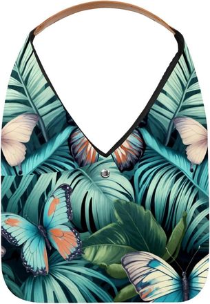 Generic Tropical Palm Leaf and Butterflies Pattern Reusable Lightweight Grocery Bags - Foldable Into Compact Pouch, Washable & Sturdy, Multipurpose for Shoppi