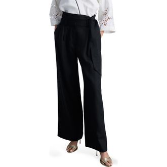 Mango Contrast Piped Wide Leg Linen Pants in Black at Nordstrom Rack, Size Small