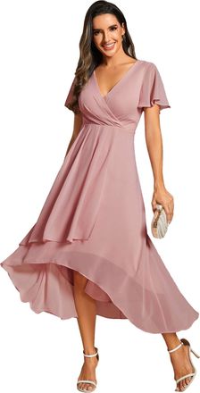 Ever-pretty Womens Dress Midi Chiffon V-Neck and Ruffled Sleeves High-Low Wedding Guest Dress Dusty Rose 22UK