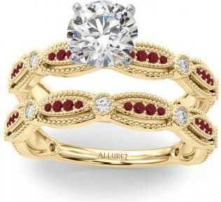 Allurez Antique Style Lab Ruby & Lab Grown Diamond Bridal Ring Set 14K Yellow Gold (0.40ct)