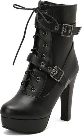 Generic Womens Front Lace Up Mid-Calf Combat Boots with Platform, Chunky Heel,Buckle Straps,Black,1.5 UK