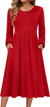 Zeagoo Womens Long Sleeve Knitted Dress Round Neck Autumn Dresses A-line Midi Dress Tunic Autumn Dress Casual Dress with Pockets, red, S