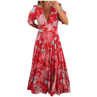 Generic Womens Elegant Floral Pattern V-Neck Casual Long Dress Daily Side Pockets Buttons Dress Cocktail Dress Womens Long Sleeve, red, M