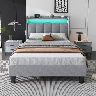 Merax Single Upholstered Bed with Storage Headboard, LED & Charging Ports in Grey