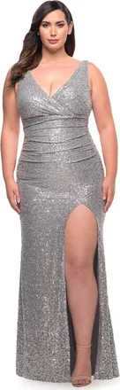 La Femme Sequin V-Neck Gown In Silver