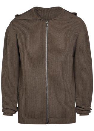 Rick Owens Hooded Zip-through Ribbed-wool Jumper - Brown - XL