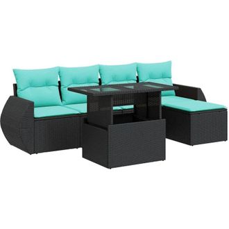 vidaXL 6 Piece Garden Sofa Set with Cushions Black Poly Rattan Acacia vidaXL