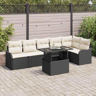 vidaXL Vidaxl - Conjunto De Sof&aacute; De Jard&iacute;n Con Coj&iacute;n 7 Pcs Negro Polirat&aacute;n