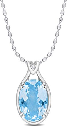 Mimi & Max Womens 13 1/2ct TGW Oval Checkerboard-Cut Sky Blue Topaz and White Topaz Solitaire Necklace in Sterling Silver