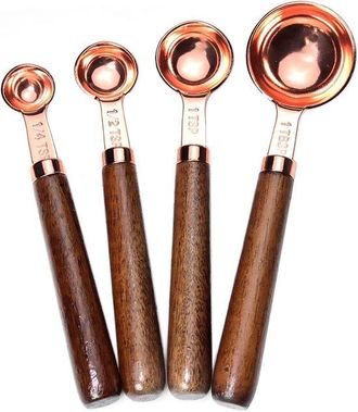 OEM Juego De 4 Cucharas Medidoras De Acero Inoxidable Con Revestimiento De Cobre Y Mango De Madera De Nogal