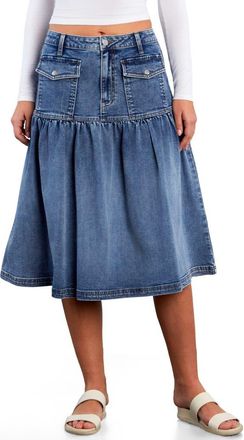 Wash Lab Denim Petal Flounce Denim Midi Skirt at Nordstrom, Size 32