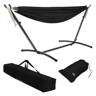 ML Design Hamaca doble negra con soporte para 2 personas con bolsa de transporte
