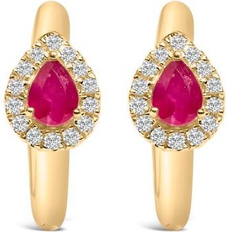 House of Brilliance 10K Yellow Gold Pear Red Ruby 4x3 mm and 1/10 Ct Round Diamond Huggy Earrings at Nordstrom