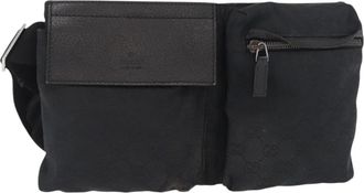 Gucci Vintage Double Belt Gg Canvas With Leather Black Canvas Handbag (Pre-Owned)
