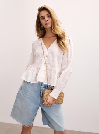 Icone Womens Embroidered flowers cotton voile V-neck blouse