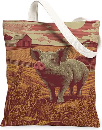 Generic Vintage Pigs Canvas Tote Bags, Rustic Farm Animal Print Reusable Grocery Bags, Lightweight Washable Shoulder Strap Canvas F, Red, 13x15 Inch
