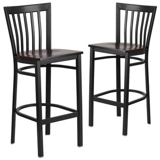Flash Furniture 2 Pk. Black School House Back Metal Restaurant Barstool - Walnut Wood Seat