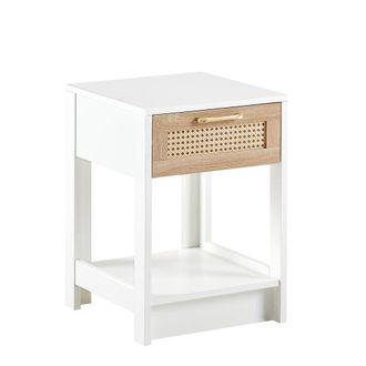 Urban Meuble Mesita de noche blanca con caj&oacute;n de ca&ntilde;a y estante